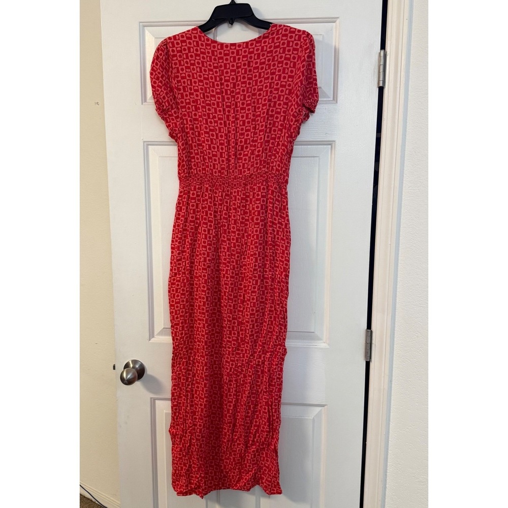 Free People Red Geometric Lace Trim V-Neck Midi Dress with Front Slit Size S - Picture 4 of 9